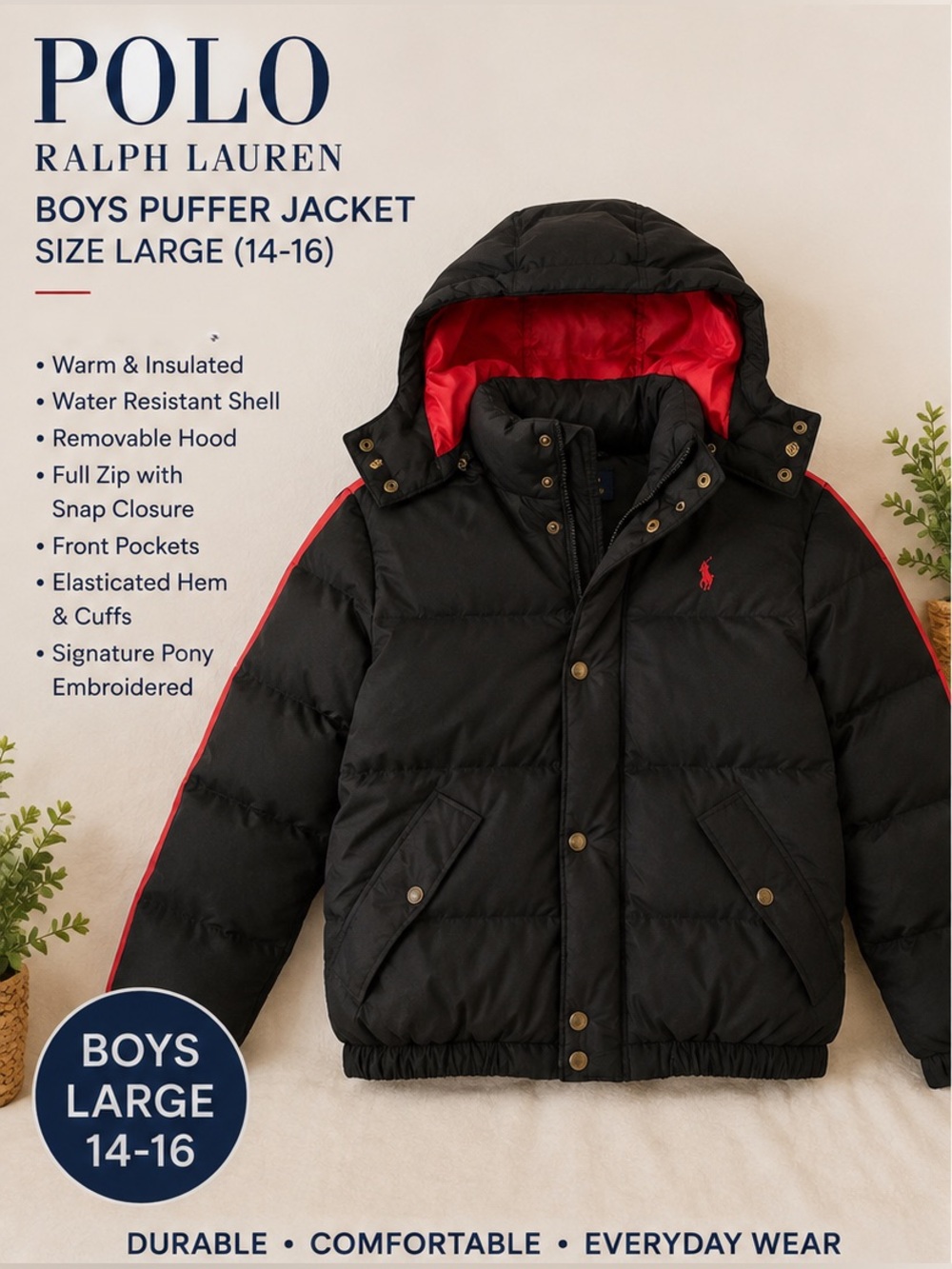 Polo by Ralph Lauren Black Boys Puffer Jacket with Red Lining and Trim